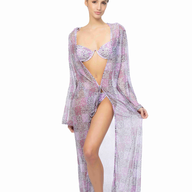 PATCHWORK PRINT MESH LONG COVER UP