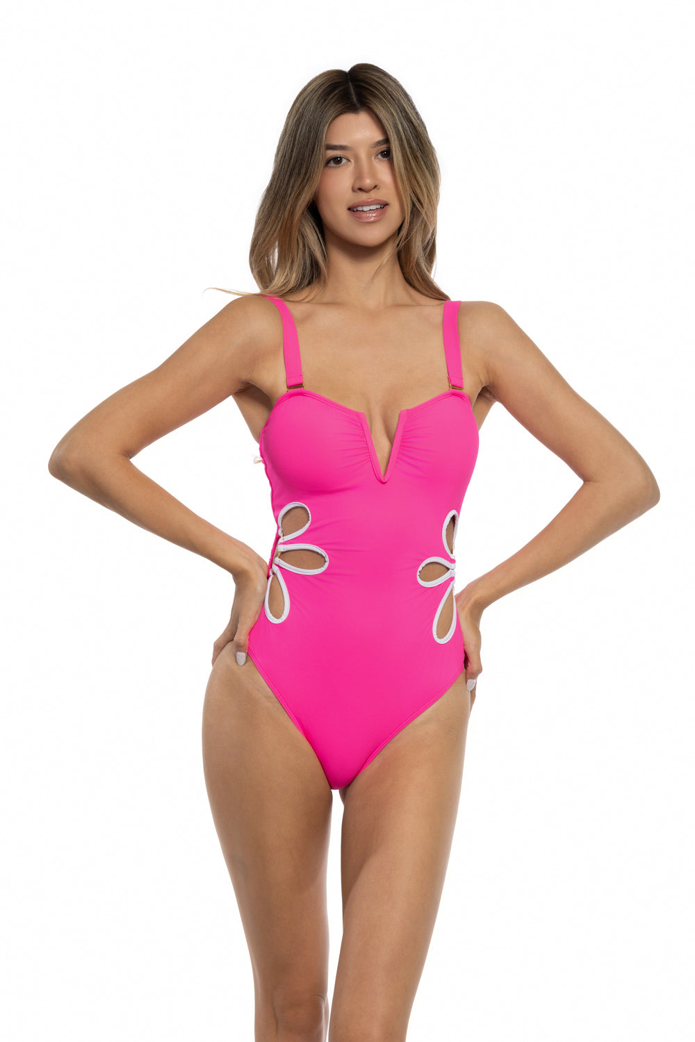 SOLID RIBBED ONE PIECE SWIMSUIT WITH PETAL CUTOUT