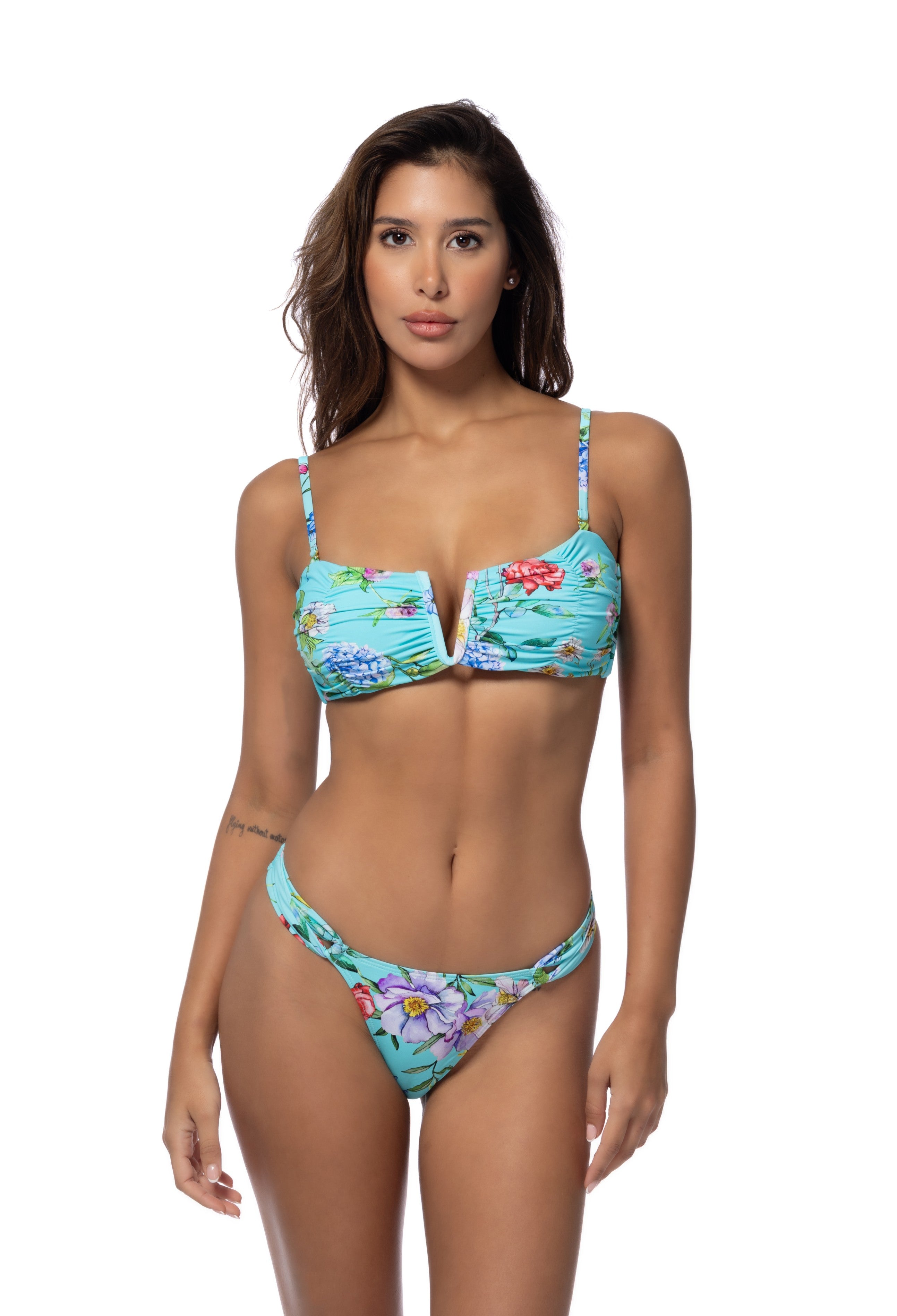 FLORAL RUCHING BANDEAU BIKINI SET