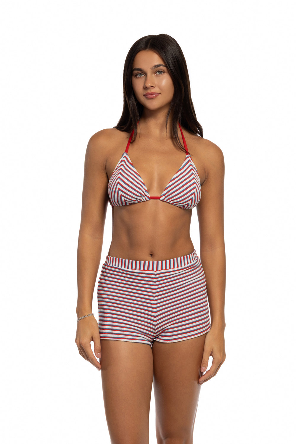 TEXTURED STRIPED TRIANGLE TOP WITH SHORTS BIKINI SET