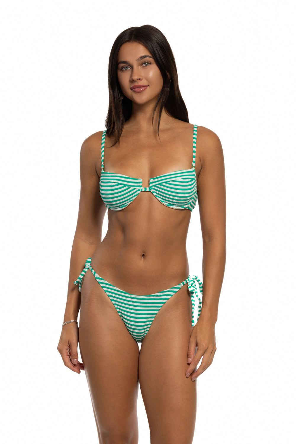 TEXTURED STRIPED UNDERWIRE TOP WITH TIE SIDE BIKINI SET