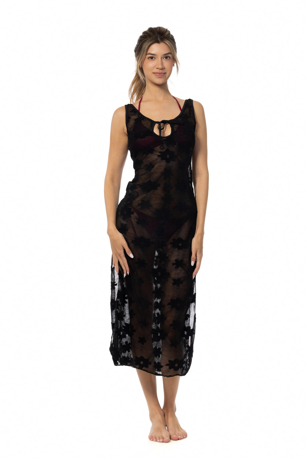 SOLID FLORAL BURNOUT SHEER TIE FRONT MIDI COVERUP DRESS