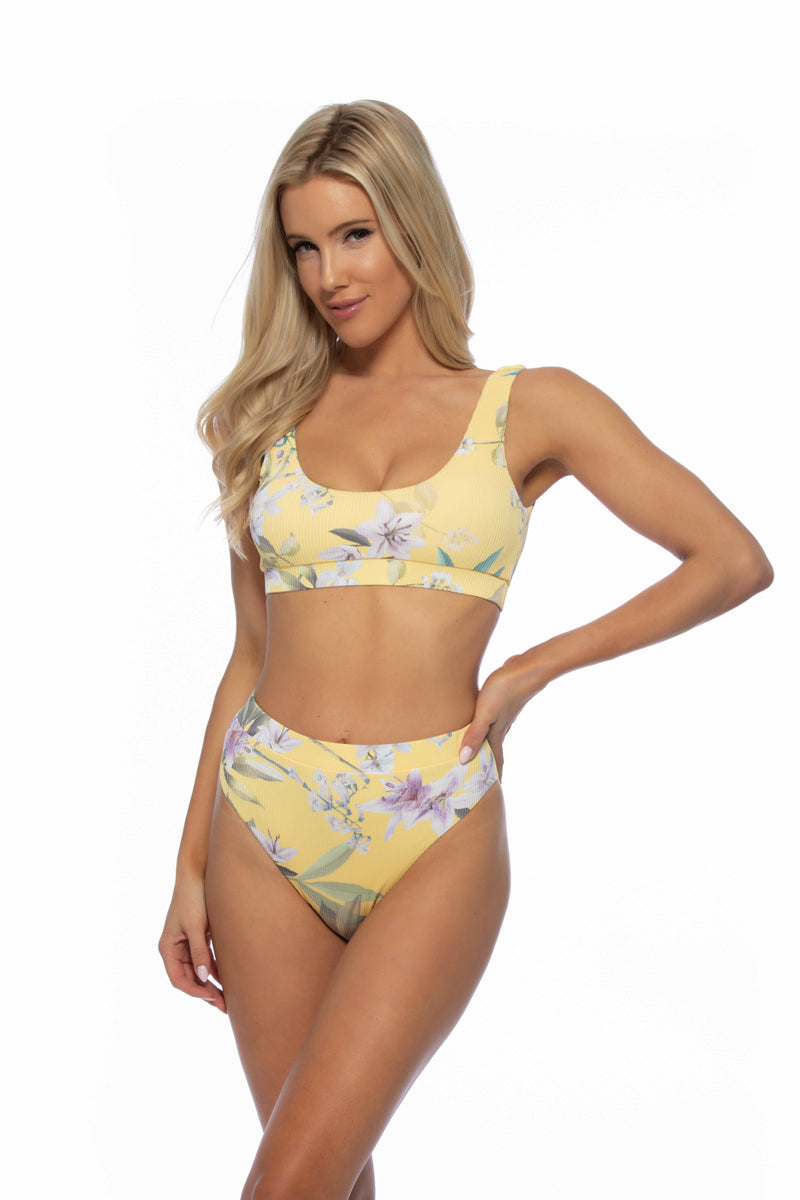 RIBBED FLORAL SCOOP ELASTIC BANDED BIKINI SET