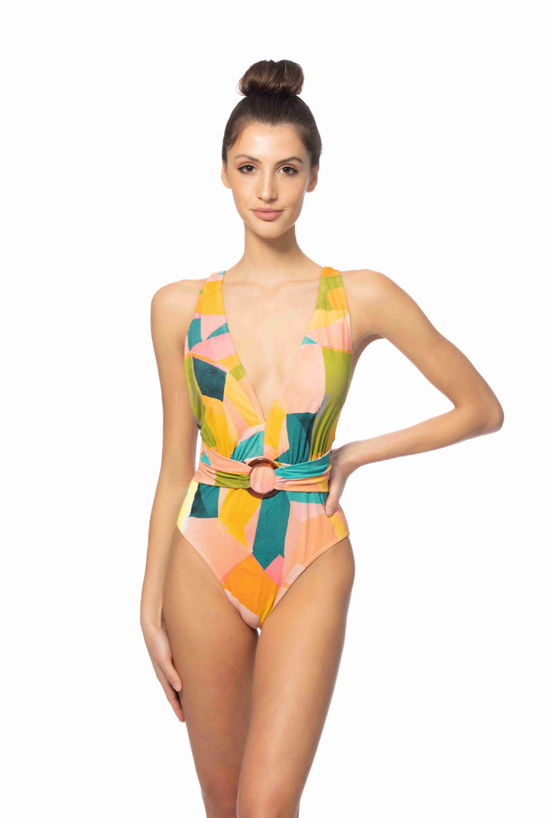 PRINTED RING ACCENT ONE PIECE SWIMSUIT