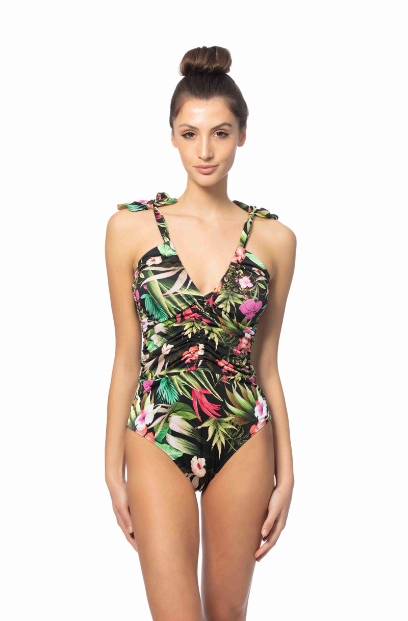 FLORAL PRINT RUCHED ONE PIECE SWIMSUIT