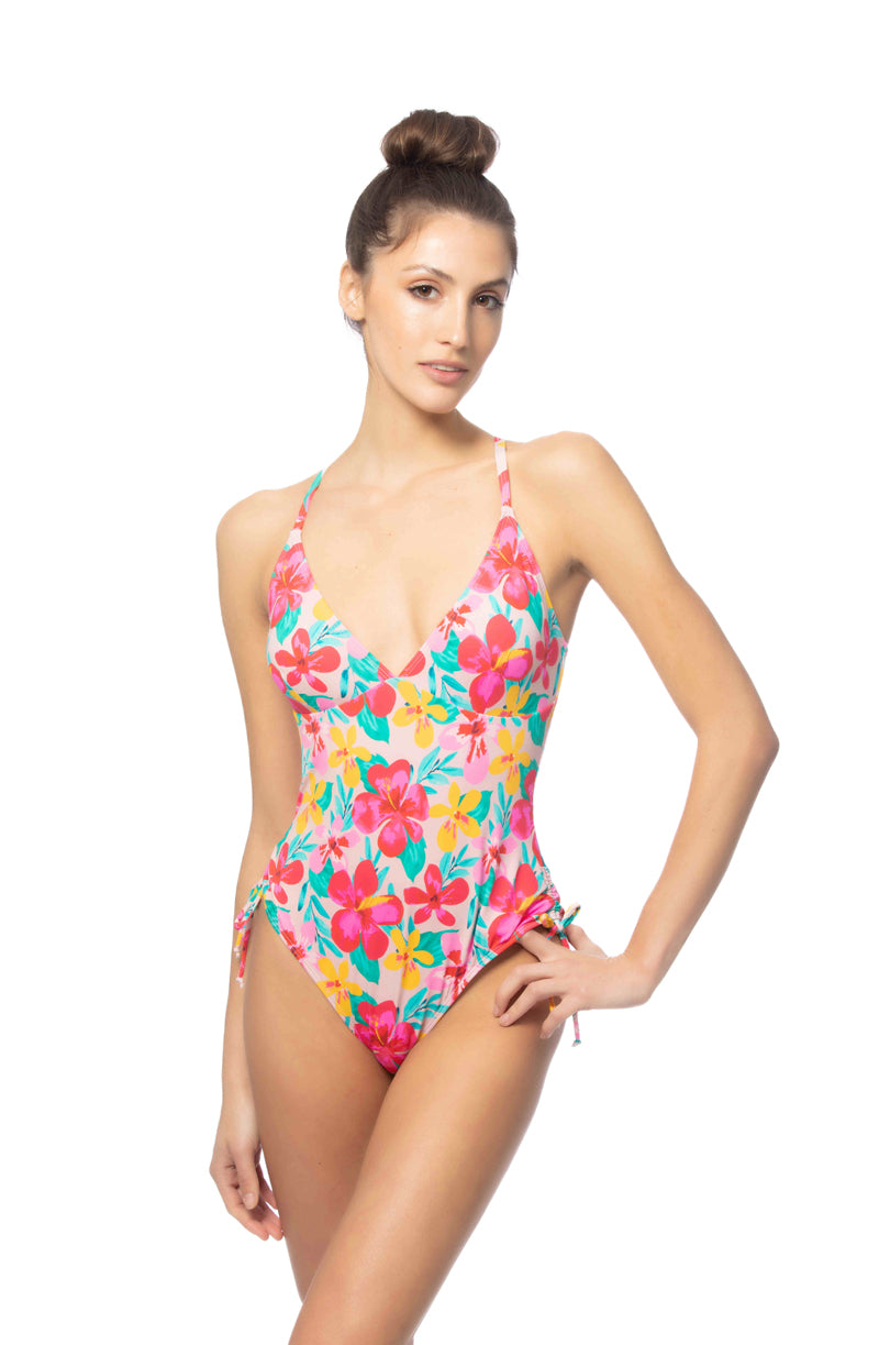 FLORAL ONE PIECE SWIMSUIT WITH SIDE RUCHING