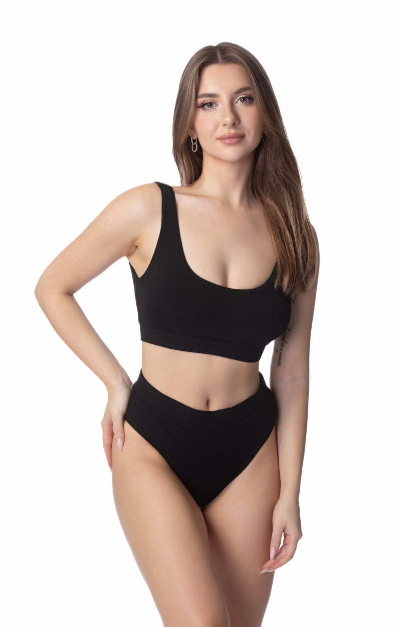 RIBBED SOLID SCOOP BANDED SPORTY BIKINI SET